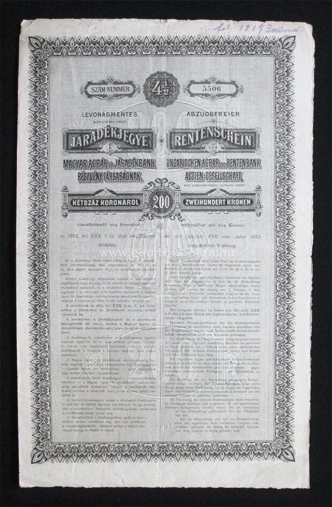 Magyar Agrár- és Járadékbank járadékjegy 200 korona 1901